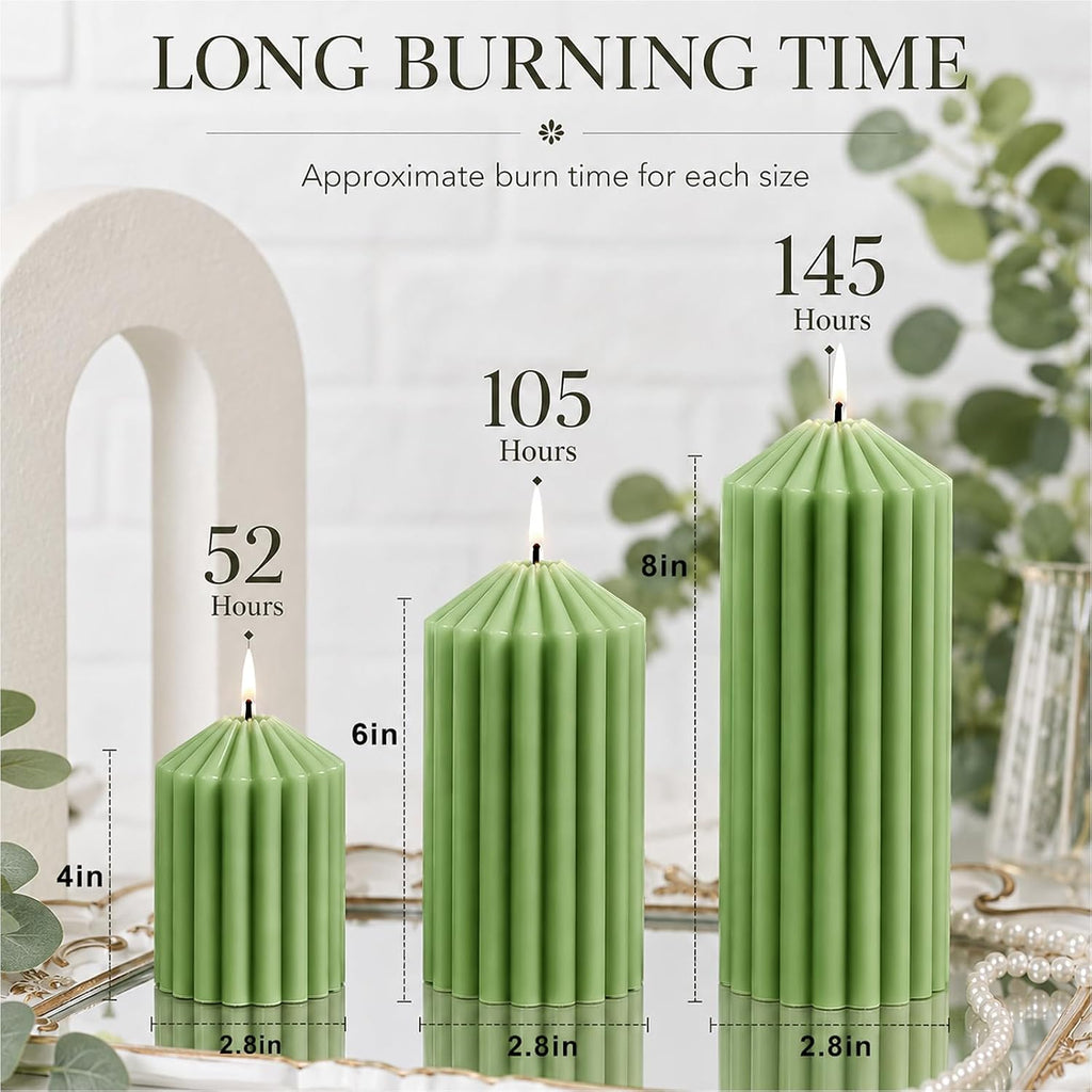 Ribbed Decorative Scented Pillar Candles, 3 Pack,2.8 x 4/6/8 Inch, Green