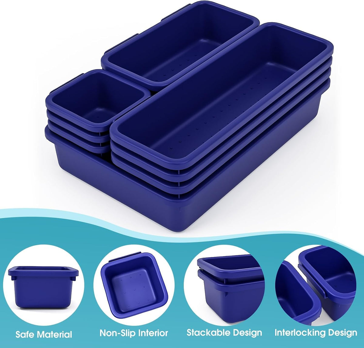 StoreHappily 10 PCS Drawer Organizer Set, 4 Size Makeup Drawer Divider Organizer With Non-Slip Pads, Interlocking Plastic Storage Bins for Office,Jewelry Vanity,Gadgets, Bathroom,Kitchen, Navy