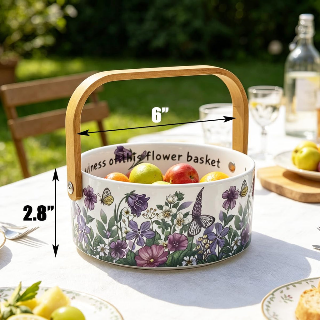 Ceramic Fruit Basket with Detachable Wooden Handle Candy Dish Decorations Ornaments Decorative Bowl for Home Kitchen & Dining Table Office Decor (Violet, 1000ml)