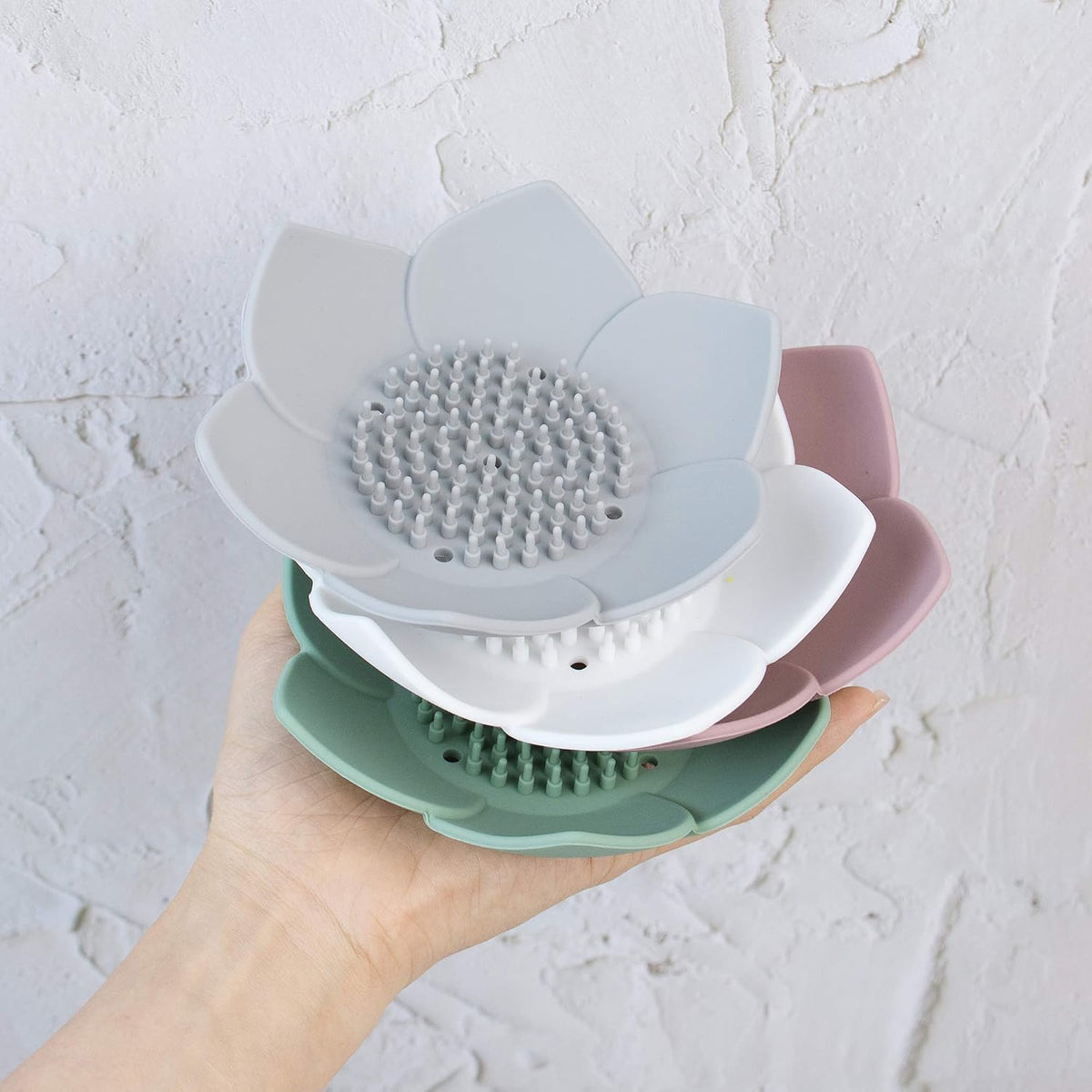 AUEAR, 4 Pack Lotus Flowers Soap Dish with Drain Silicone Holder Non-Slip Flexible Tray for Bathroom Shower