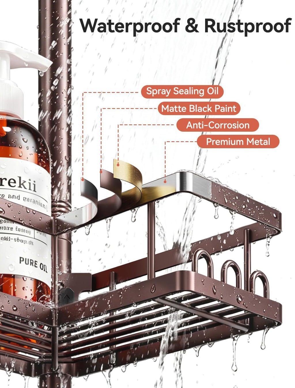 YASONIC Corner Shower Caddy Tension Pole, Adjustable Shower Shelves, Rust-Resistant Shower Organizer, No-Drill 3-Step Installation, Bathroom Shelves for Renters & Family, Bronze