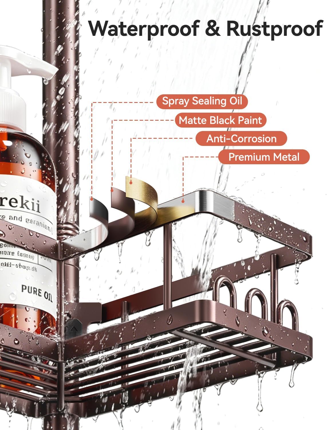 YASONIC Corner Shower Caddy Tension Pole, Adjustable Shower Shelves, Rust-Resistant Shower Organizer, No-Drill 3-Step Installation, Bathroom Shelves for Renters & Family, Bronze