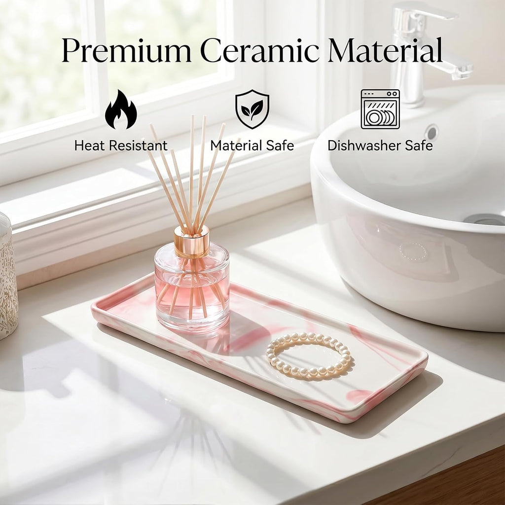 8″ x 3.7″ Ceramic Vanity Tray, Decorative Rectangular Organizer for Bathroom Countertop, Dresser Top, Kitchen & Bathtub, for Soap, Perfume, Candle, Jewelry & Cosmetics (Marble-Pink)