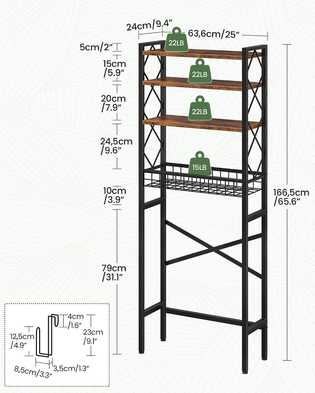 CHOEZON Over The Toilet Storage Rack, 4-Tier Bathroom Organizer Shelf, Over Toilet Storage with Wire Basket and Toilet Paper Holder, Adjustable Shelves, for Bathroom, Rustic Brown and Black TTS03BF