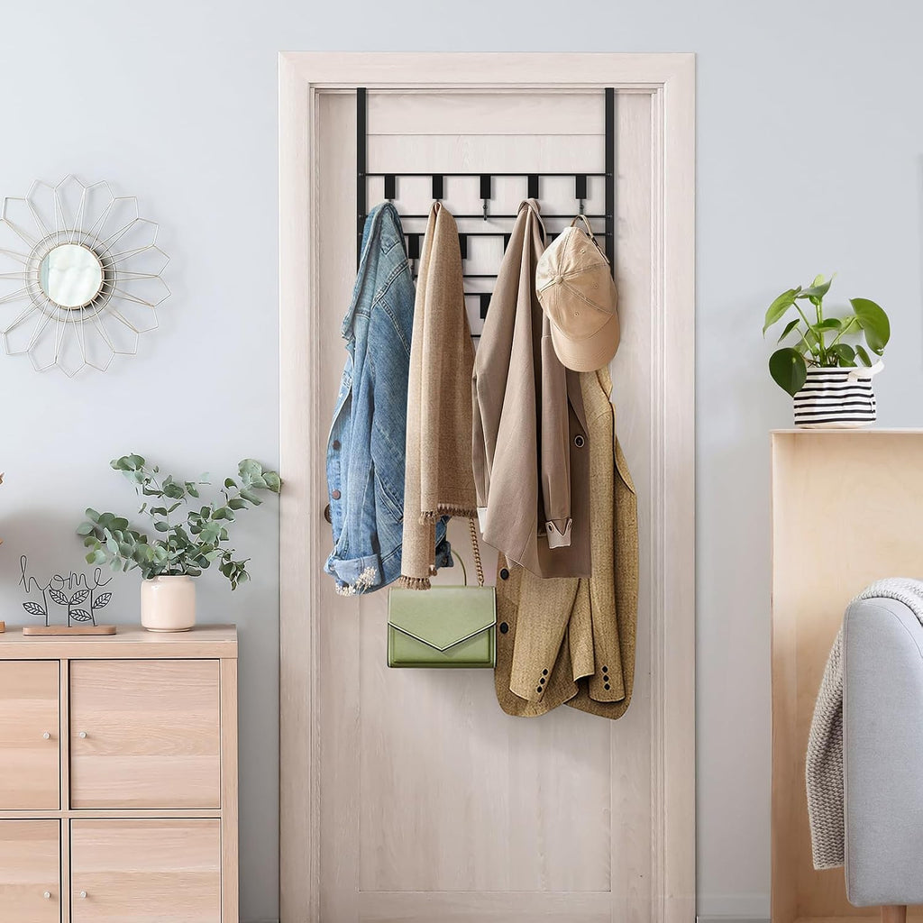 Over The Door Hooks for Hanging, 14 Hooks Over Door Coat Hanger, Coat Clothing Rack and Towel Rack for Bathroom Organizer, Door Hanger Organizer Kitchen, Bathroom Towel Storage Decor Black