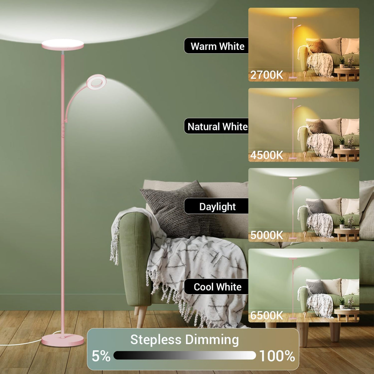 marctronic Pink Floor Lamp, 42W 4000LM Super Bright LED Room Lamp with Adjustable Reading Light,Dimmable Modern Standing Lamp with Remote & Touch Control for Room Bedroom Office Floor Light