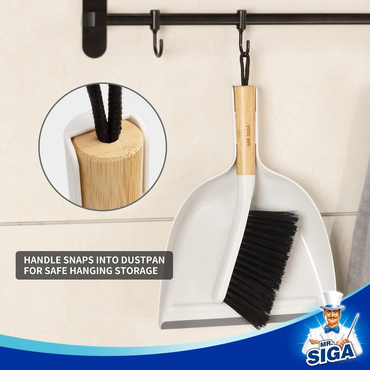 MR.SIGA Dustpan and Brush Set, Bamboo Handle, White, 1 Set