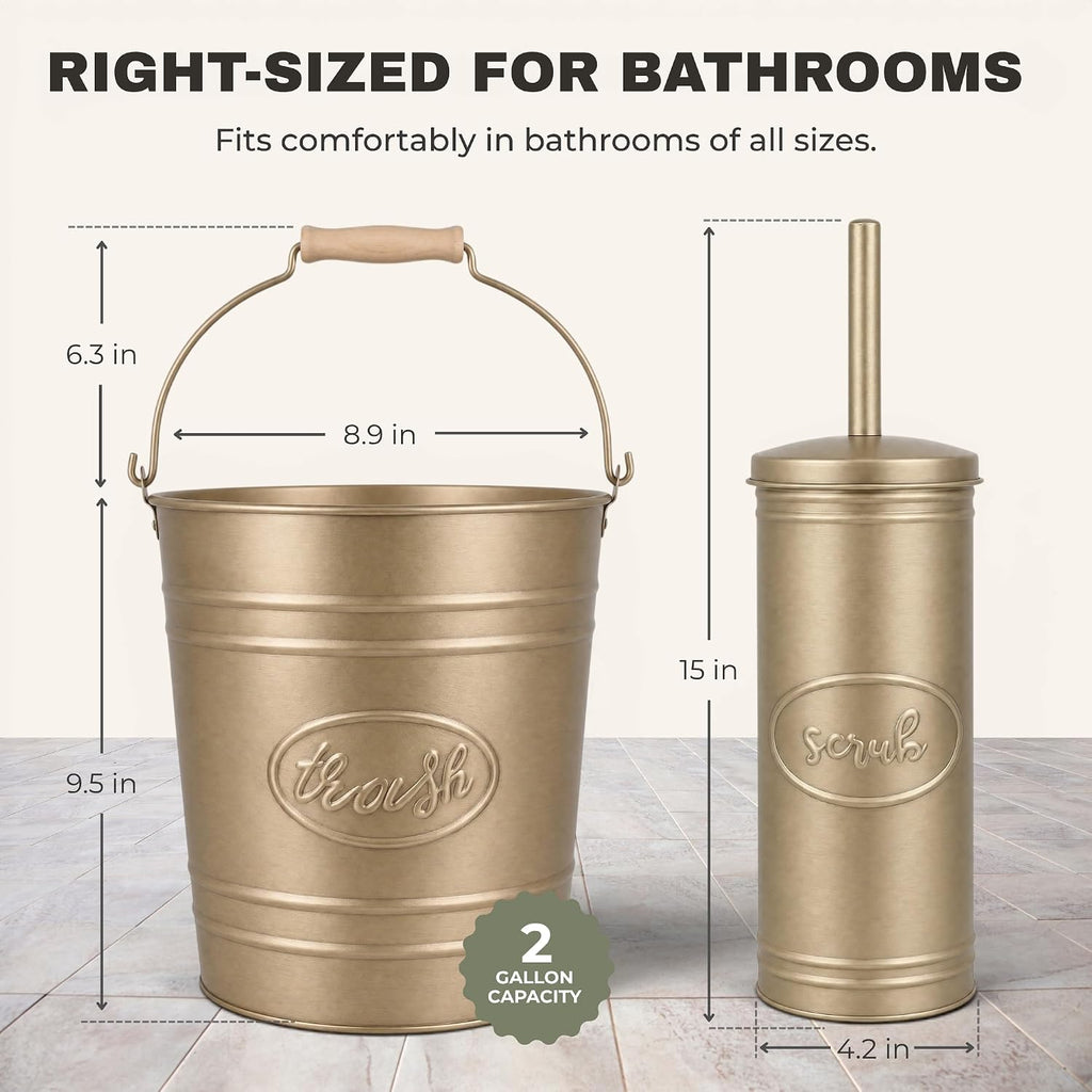 Autumn Alley Rustic Farmhouse Bathroom Trash Can and Toilet Brush Set - Rustic Bathroom Accessories for Charming Bathroom Décor, Antique Gold, 2 Gal. Capacity