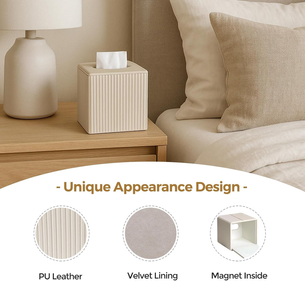 2 PC Leather Ivory White Tissue Box Cover, Square Tissue Box Holder Compatible with Kleenex for Bathrooms