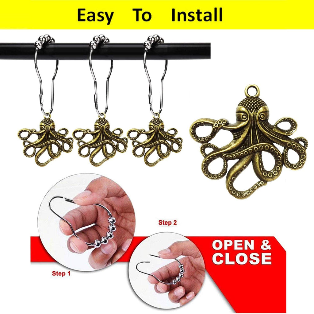 Set of 12 Octopus Shower Curtain Hooks Decorative Home Bathroom Squid Sea Creature Beast Stainless Steel Rustproof Brushed Nickel Rings with Octopus Decorative Accessories (Bronze)