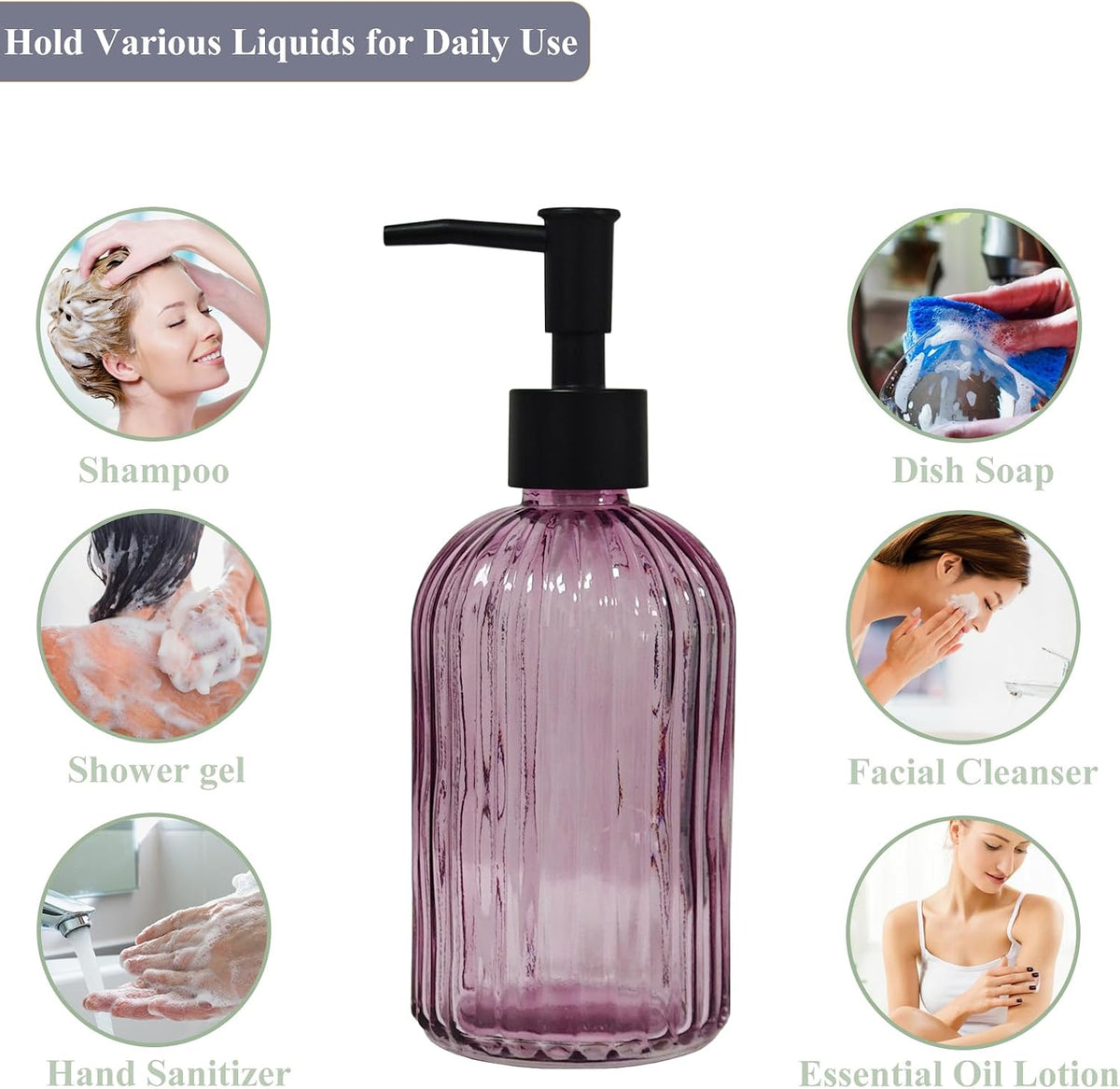 Black Pump Glass Soap Dispenser, 13.5oz, Purple Stripe
