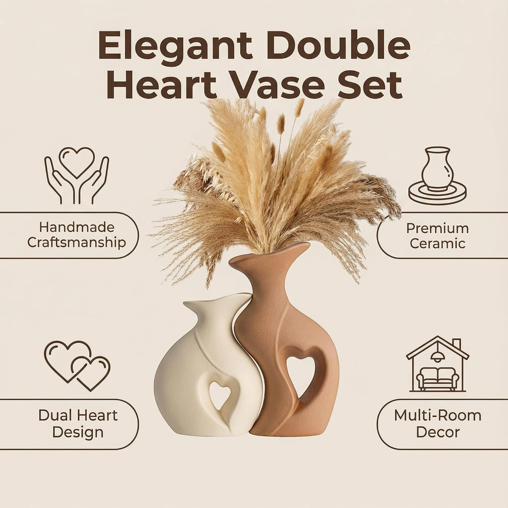 Beige and Brown Ceramic Vase Set of 2，Heart Shaped Home Decor
