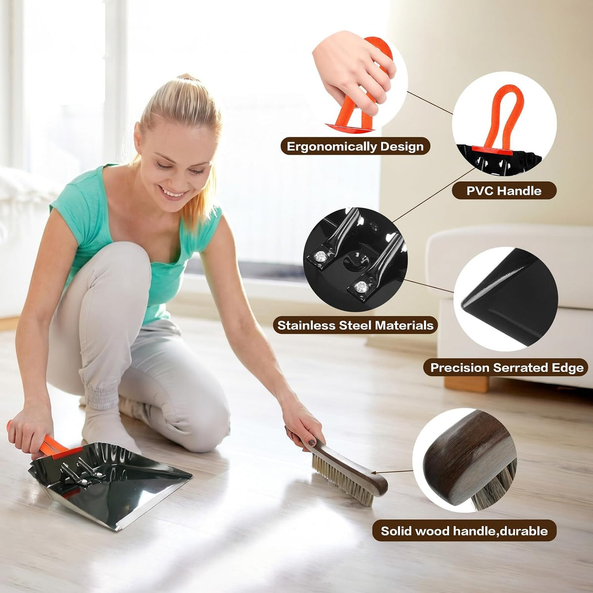 12 Inch Metal Dustpan with Wood Brush, Steel Dust Pan Brush Set