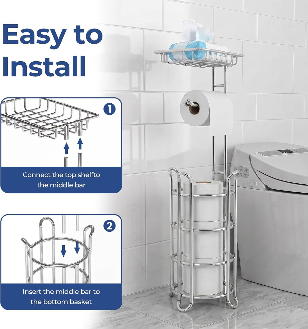 TreeLen Toilet Paper Holder Stand Toilet Tissue Roll Holder with Shelf for Bathroom Storage Holds Phone/ Wipe/ Mega Rolls-Shiny Chrome