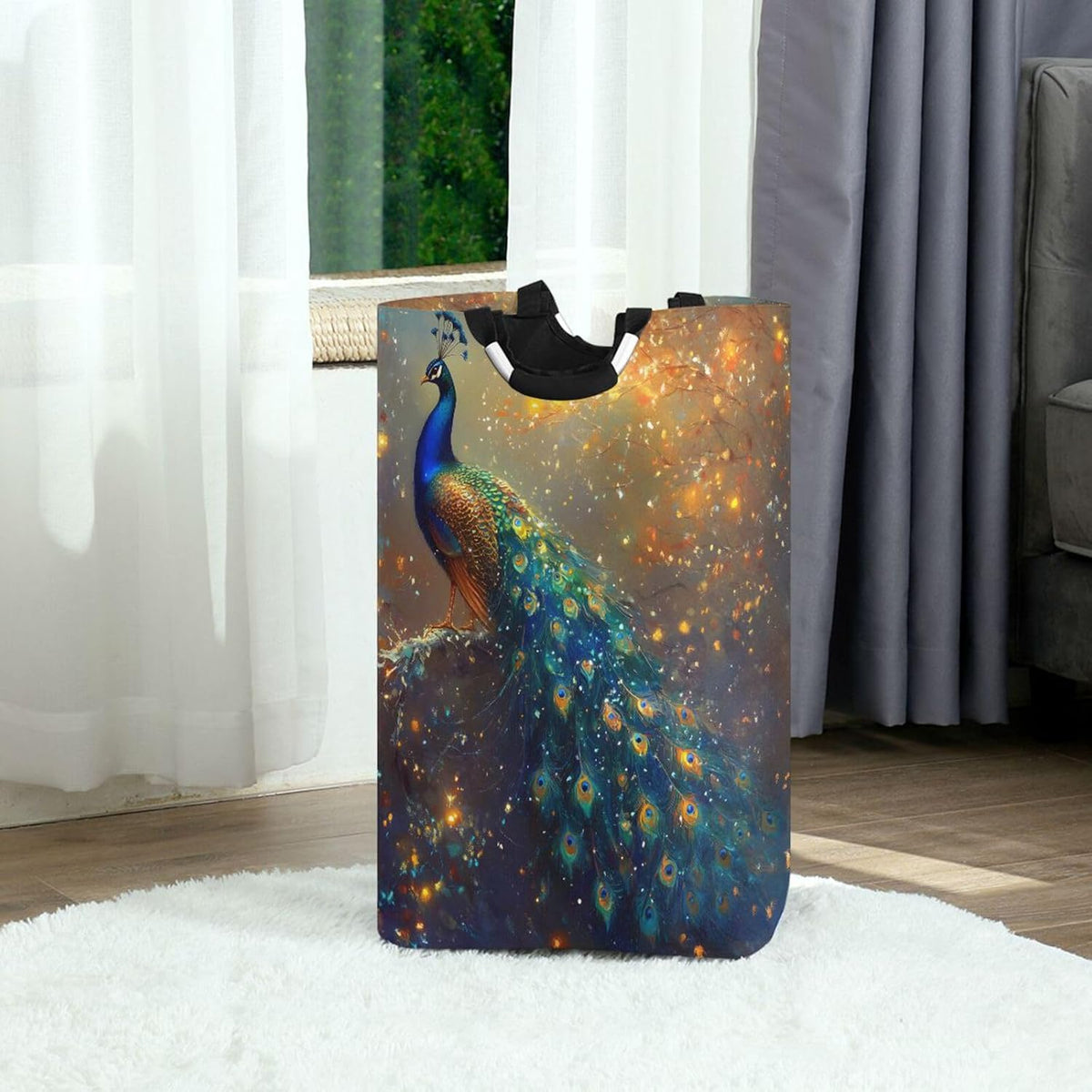 Large Laundry Hamper, Peacock Christmas Atmosphere Laundry Basket Foldable Clothes Bag with Handle Foldable Washing Bin