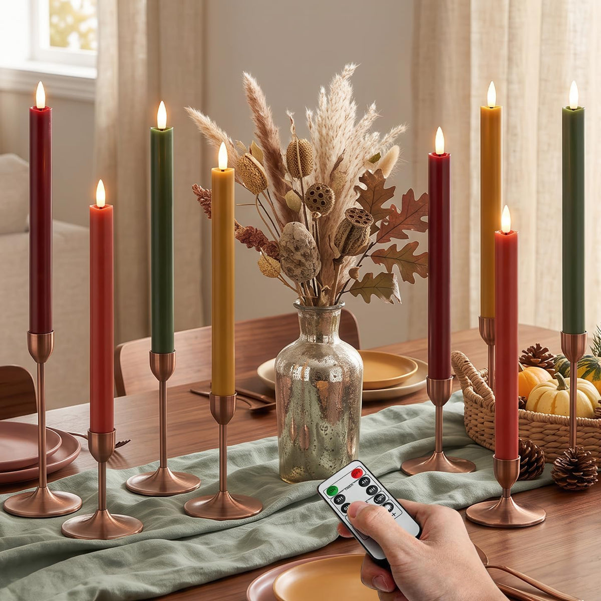 Fall Taper Candles Flameless Candle Sticks Battery Powered, Remote, 8 Pack