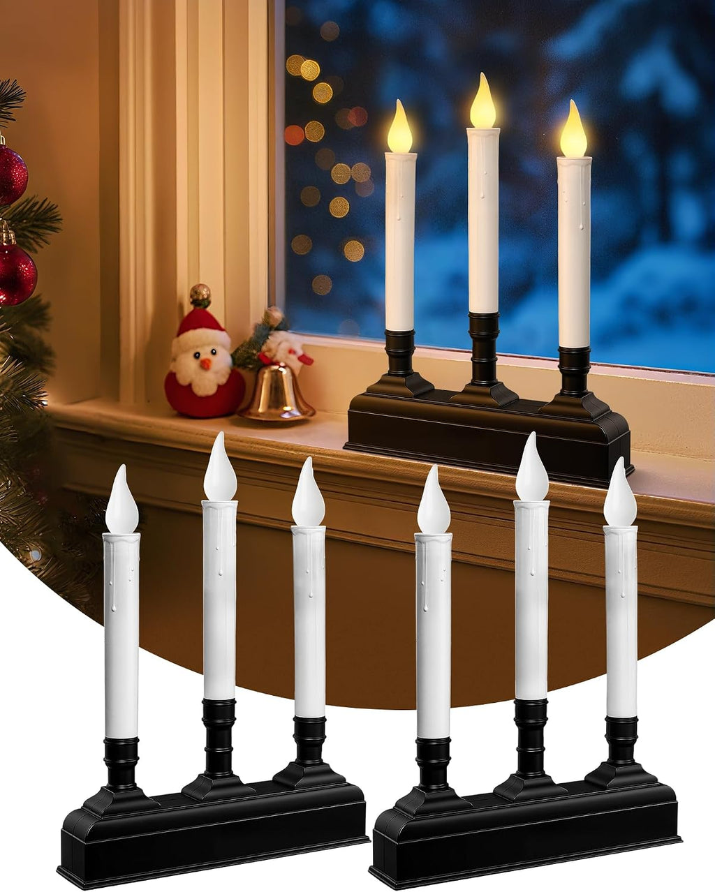 SURAIELEC Christmas Battery 3-Light Window Candle, Dusk-to-Dawn, 2 Pack