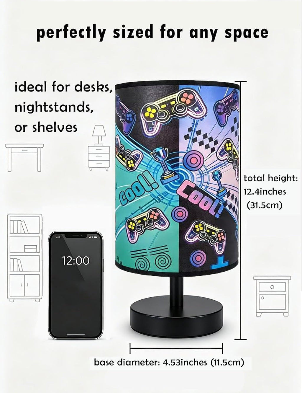 Gamer Room Decor for Boys, Gaming Lamp 3 Colors Nightstand Light, Round Base Flaxen Fabric Desk Lamp for Kids Room, Gaming Lamp Gift for Boys with LED Bulb Included