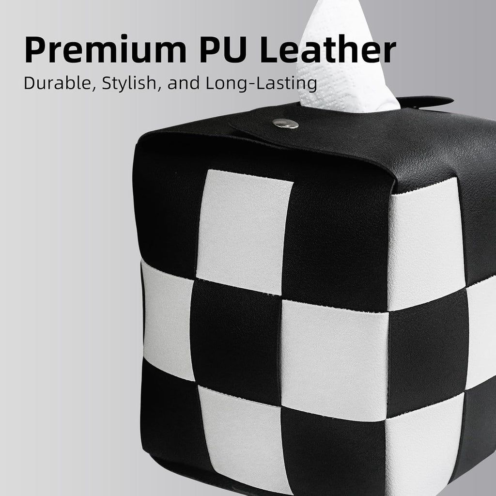 MSJGA Tissue Box Cover, Square PU Leather Tissue Box Holder with Metal Buckle, Checkered Tissue Box, Decorative Organizer for Bedroom, Vanity Desk, Nightstand, Bathroom, Office (Black)