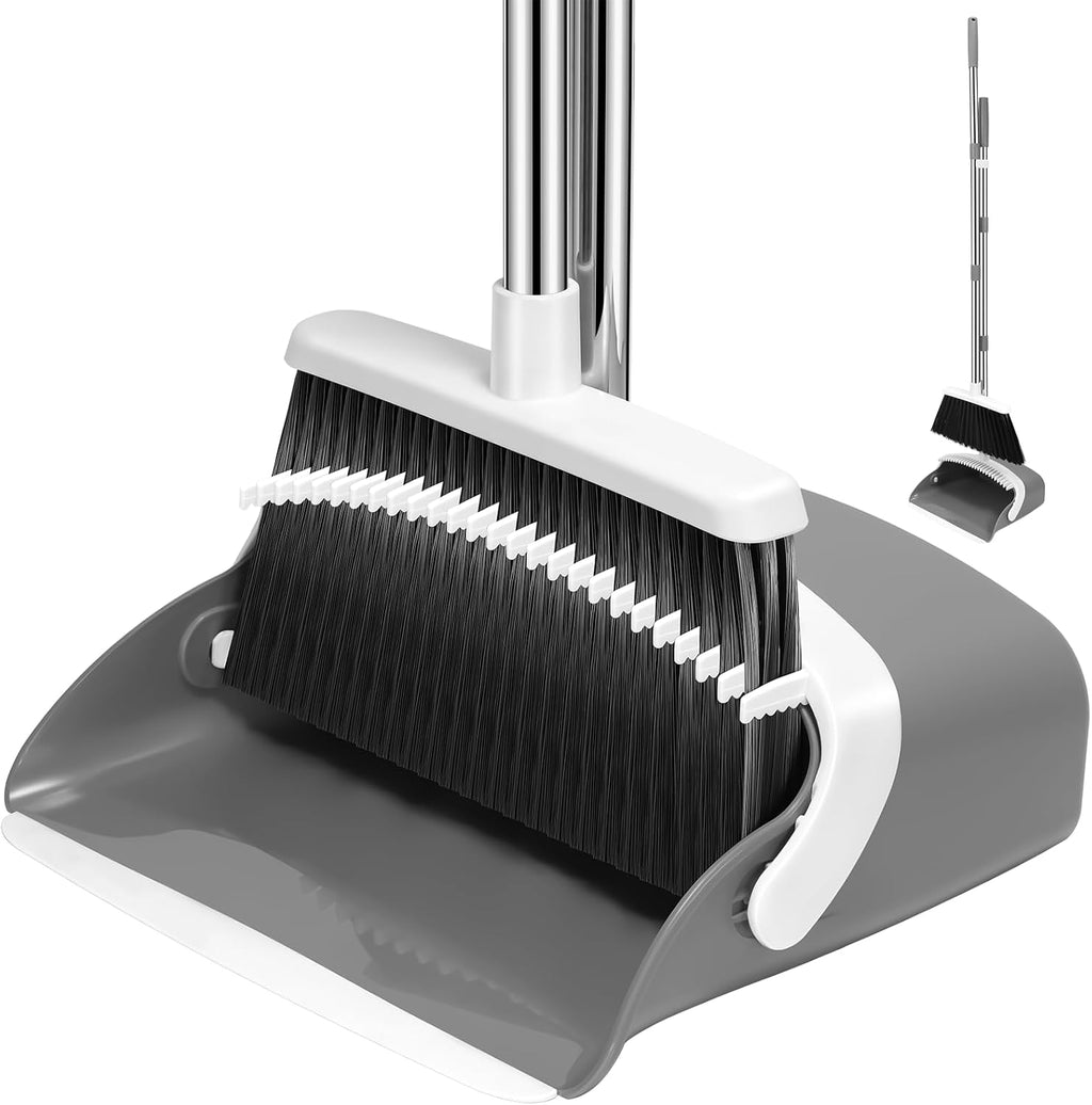NACENA Broom and Dustpan Set with 52-in Long Adjustable Handle, Grey White
