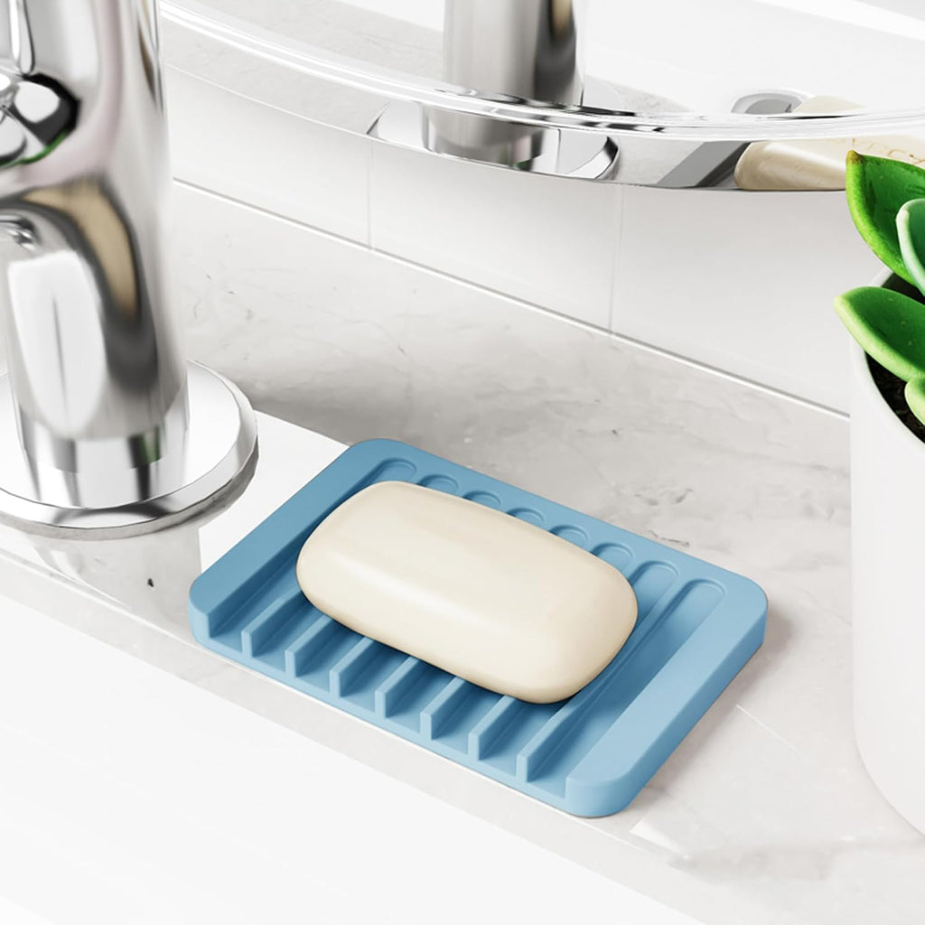 4-Pack Self Draining Soap Dish for Shower Bathroom Waterfall Silicone Soap Saver Tray Sponge Holder for Kitchen Sink Non-Slip Easy Clean (Light Blue)