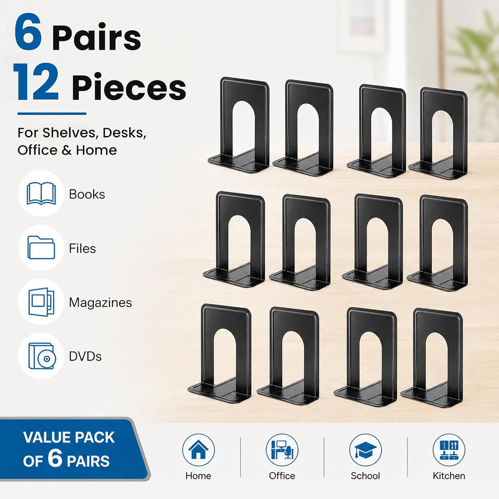 6 Pairs Heavy Duty Metal Book Ends for Shelves