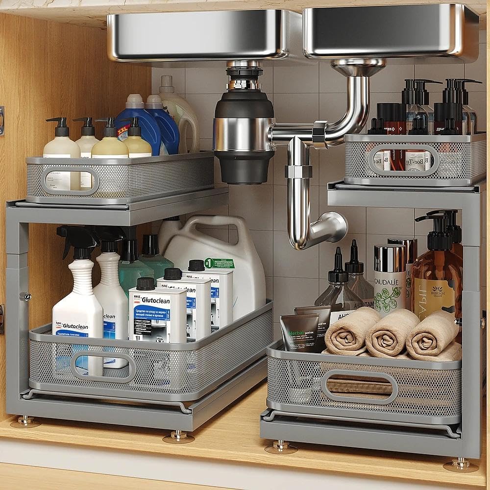 2-Pack Under Sink Storage Organizer with 2-Tier Slide Out Drawer, Sophisticated Mesh Pull Out Shelf for Kitchen & Bathroom, Fits Small Items, Upgraded Arched Track for Smooth Gliding-Gun Gray