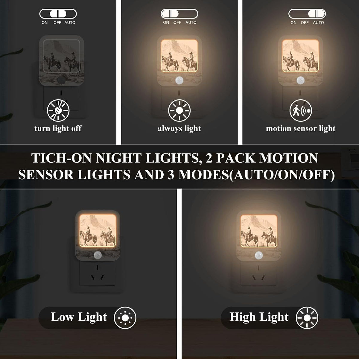American Wild West Desert with Cowboys Night Light Plug into Wall 2 Pack Plug-in LED Nightlights with Dusk to Dawn Sensor White Light Perfect for Bathroom Kitchen Hallway and Stairs