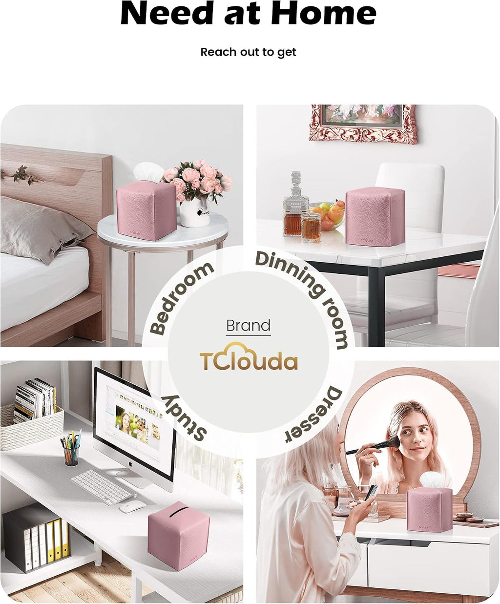 Tissue Box Cover for PU Leather, Modern Simple Solid Color Holder Square Tissue Bag, Ideal for Bathrooms,Office,Car,Nightstand,Outdoor Tent,Dining Table,5"X5"X5", Double Pink