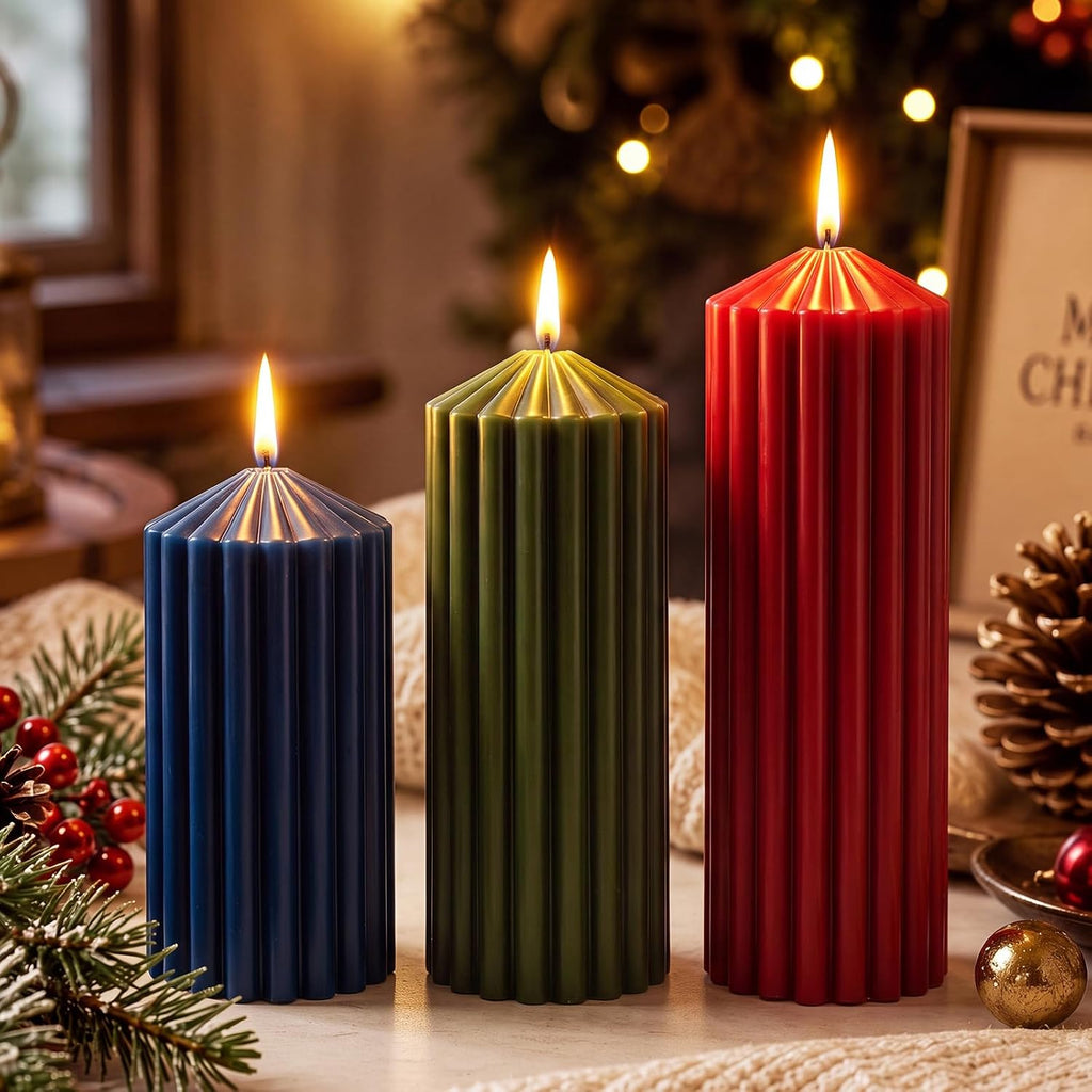 Mtlee 3 Pack Christmas Ribbed Pillar Candles Soy Wax Ribbed Candle