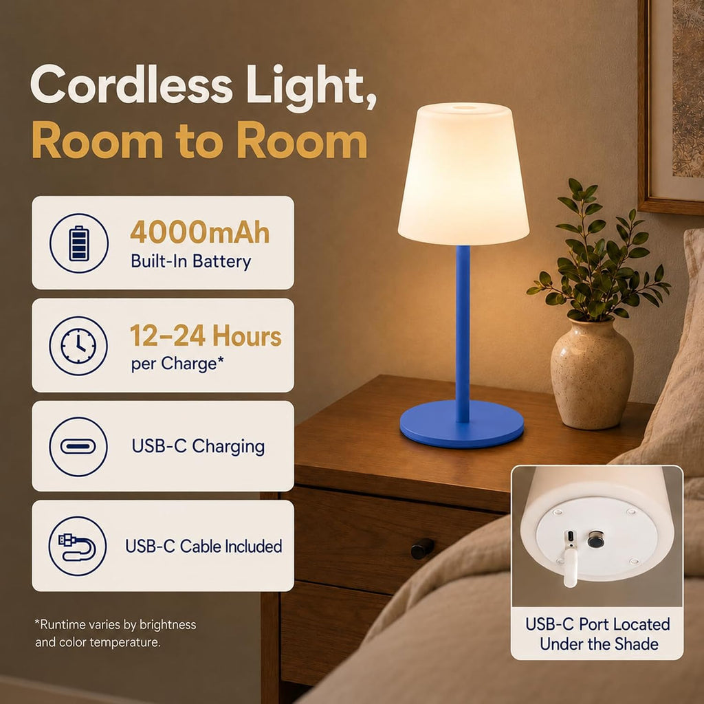 IP65 Waterproof Shower Lamp, Cordless Rechargeable Table Lamp, Blue
