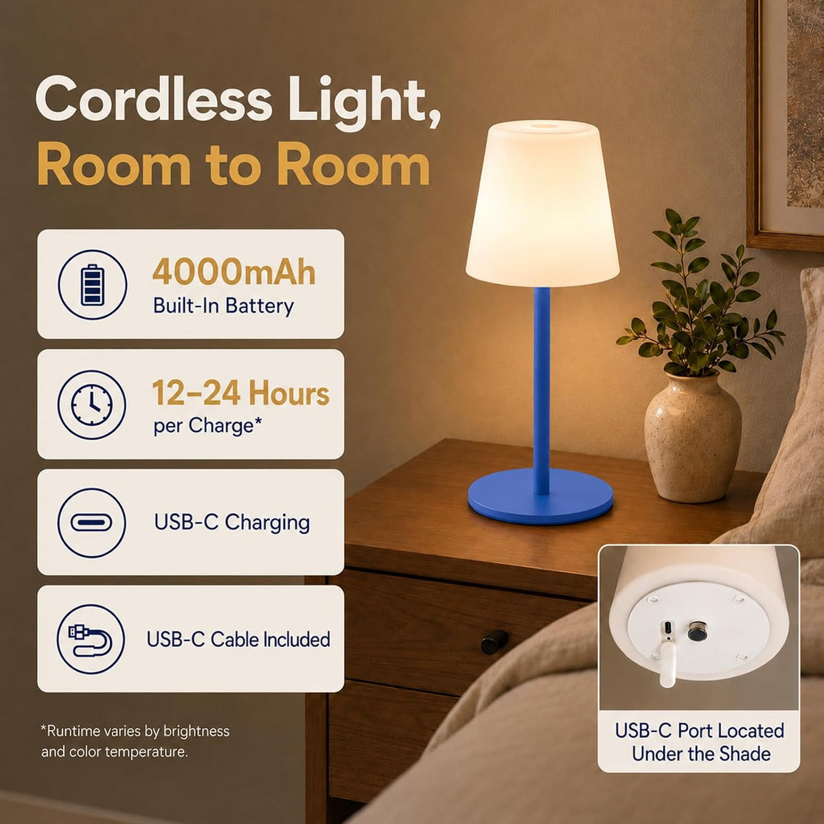 IP65 Waterproof Shower Lamp, Cordless Rechargeable Table Lamp, Blue