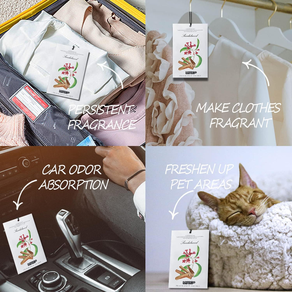 MYARO 12 Pack Sandalwood Scented Sachets, Closet Deodorizer Car Freshener