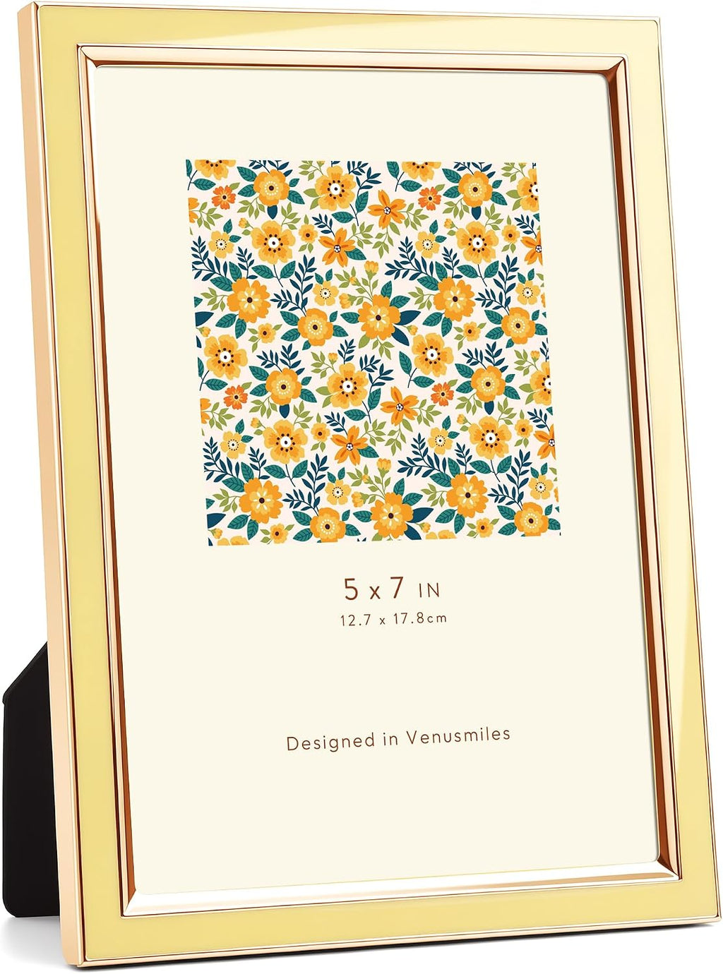 Venusmiles 5x7 Enamel Picture Frames with Tempered Glass, 1 Pack Yellow Photo Frame with Gold Metal Edge, Horizontal and Vertical Display Pictures 5x7 for Wall and Tabletop, Bookshelf, Wall Decor