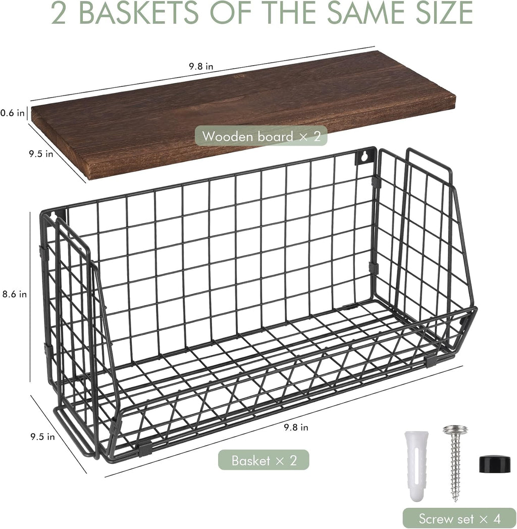 Wall Hanging Baskets 2 Pack Wooden Top Floating Wire Shelves (Extra Large)