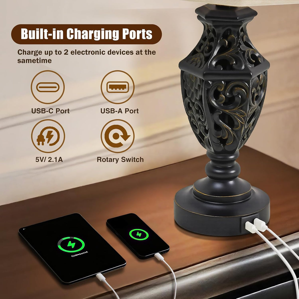 EJIAXIN Lamps for Night Stands Set of 2-23.5" Vintage Bedside Lamp with USB A+C and Nightlight - Black Retro Carved Resin Farmhouse Table Lamp for Bedrooms, End Tables, Living Room, Bulbs Included