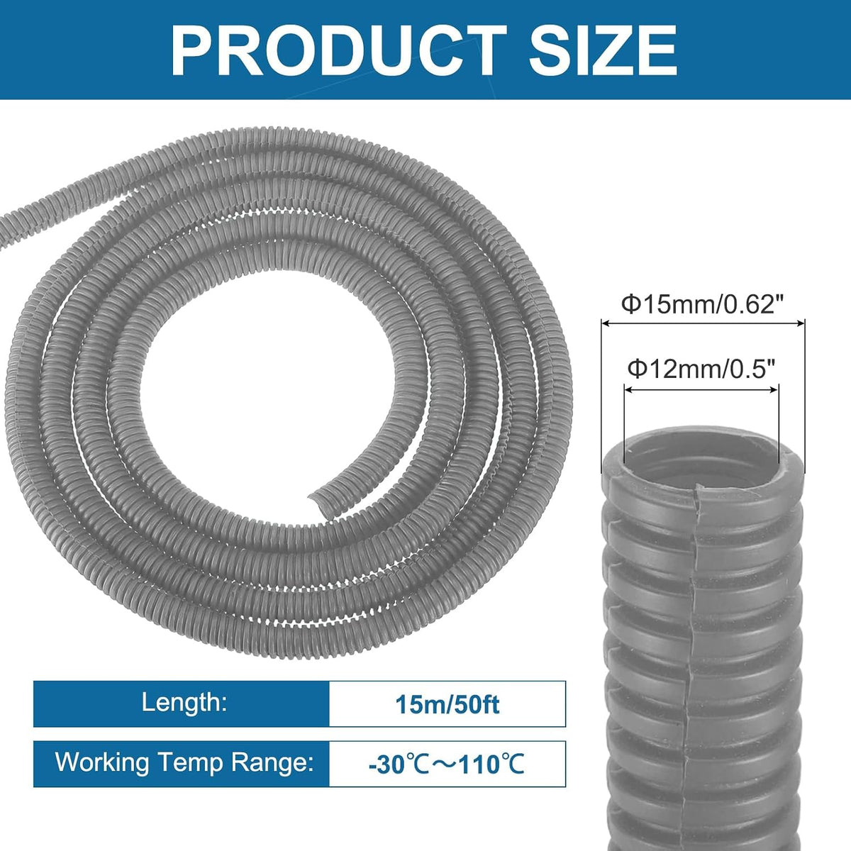 MECCANIXITY 1/2" 50ft Split Wire Loom Tubing w/Installation Tool Gray
