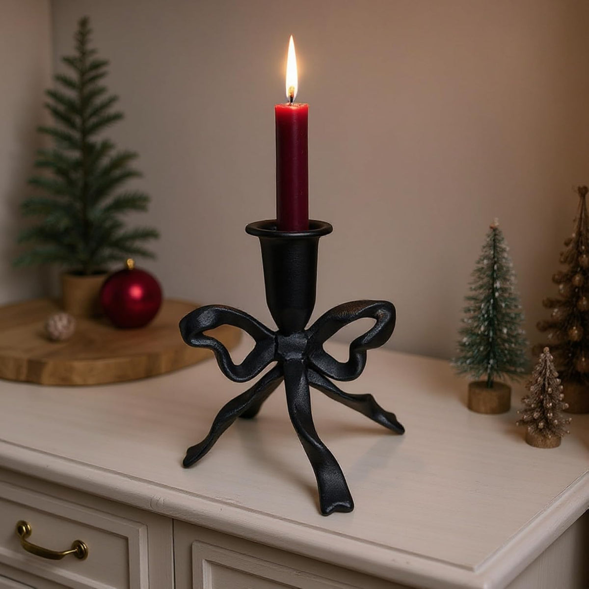 Bow Candle Holder, Bow Metal Taper Candle Holder 5" H x 4.81 W, Gold, Black, Decorative Candle Holders for Centerpiece, Table, Wedding (Black)