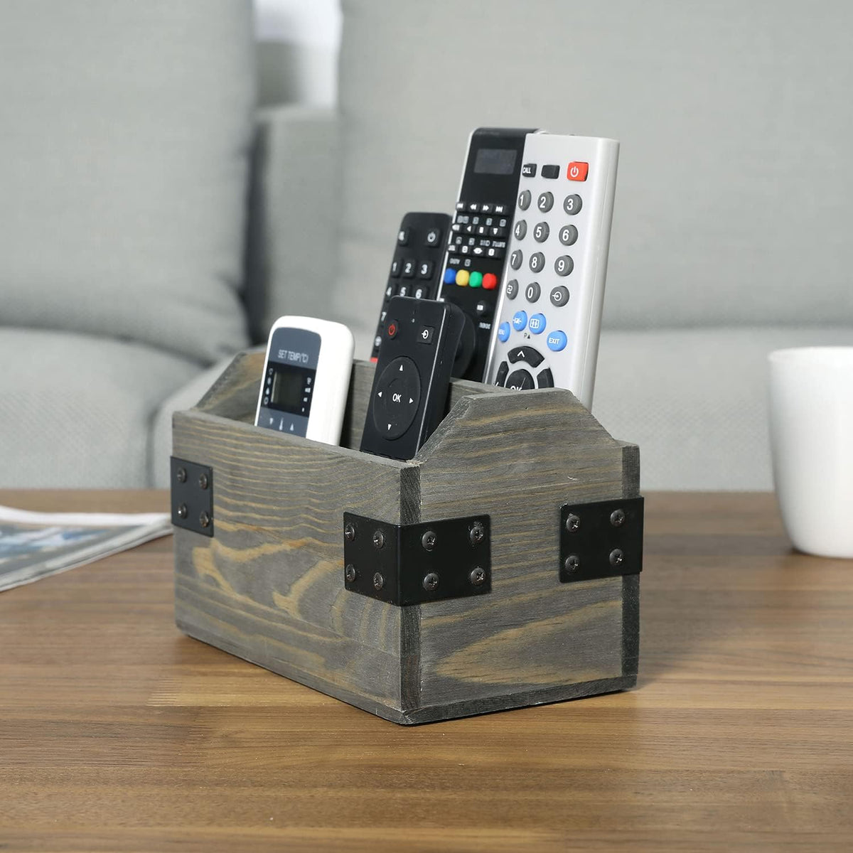 MyGift Remote Control Organizer Caddy, 2-Compartment Gray Wood & Metal