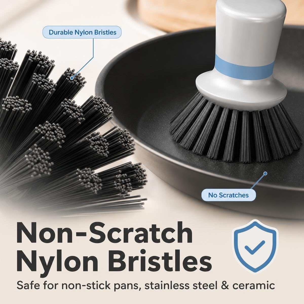 2-Pack Dish Scrub Brush with Holder Set, Non-Scratch Palm Scrub Brush for Kitchen, Nylon Bristle Pot Scrubber for Dishes, Pans & Sink with Ergonomic TPR Grip, Gray