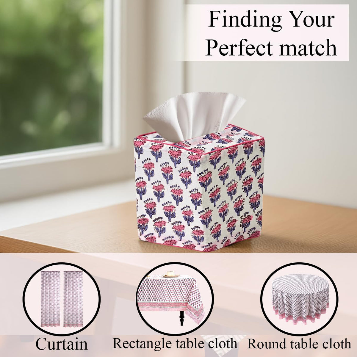 CPC 100% Cotton Piping Block Print Tissue Box Cover, Pink Sapphire