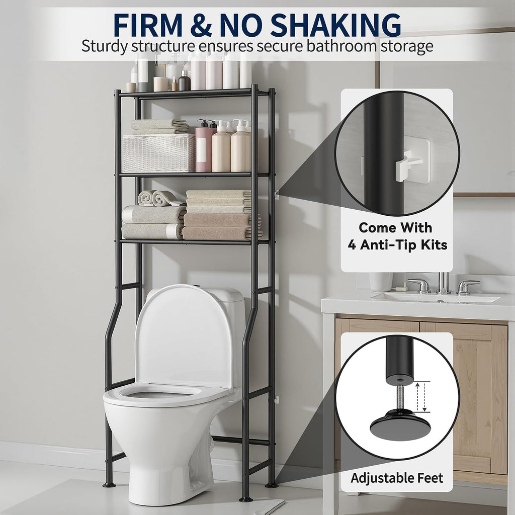 GloTika 3-Tier Over Toilet Storage Rack, Anti-Wobble, Black