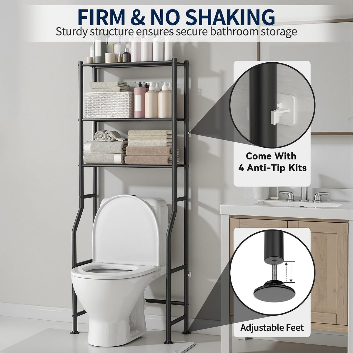GloTika 3-Tier Over Toilet Storage Rack, Anti-Wobble, Black