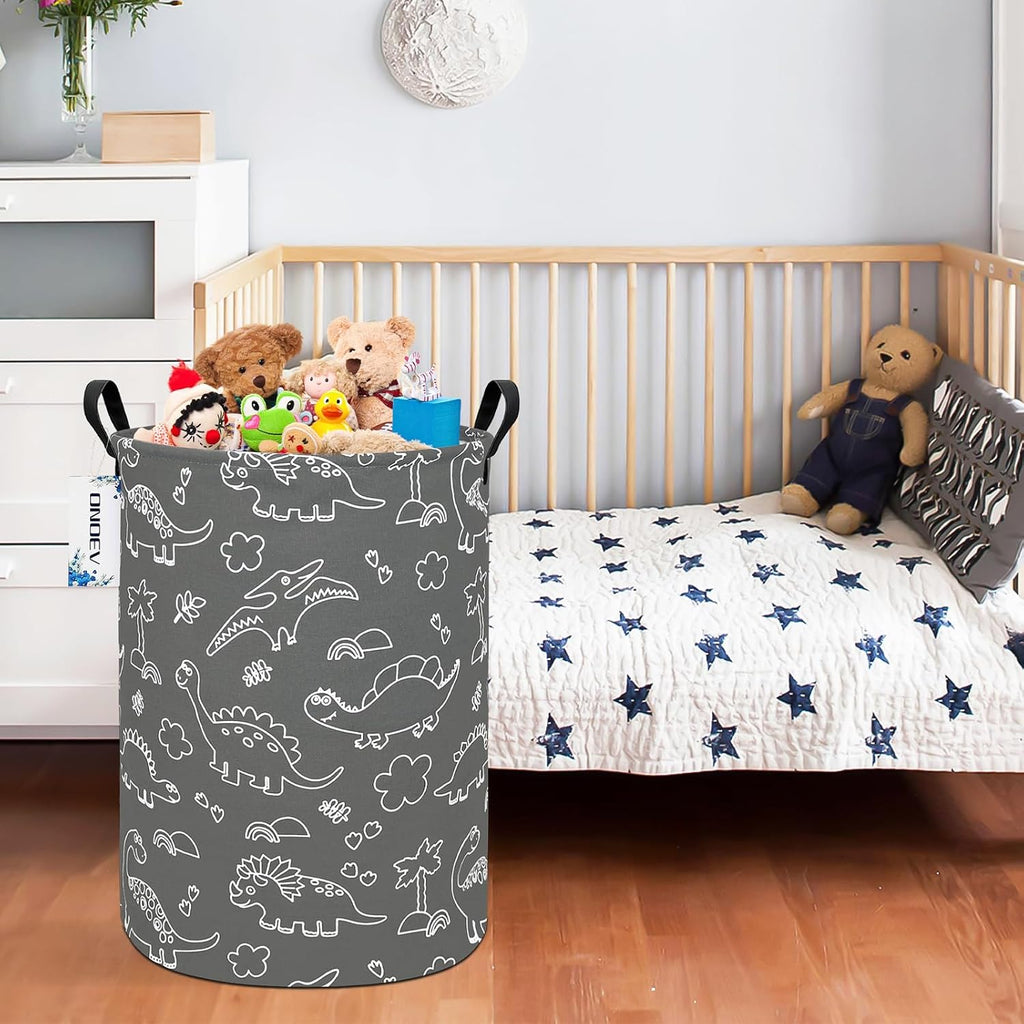 Round Dinosaur Laundry Hamper, Cotton Canvas Teen Room Storage Bin
