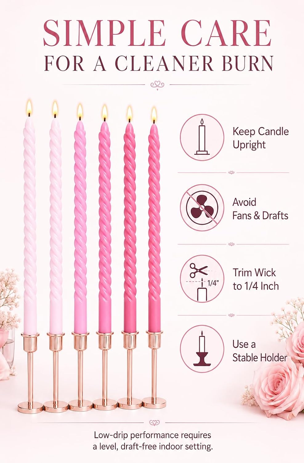 10 Inch Gradient Hot-Pink Spiral Taper Candle Set, 6 Pack Unscented Dripless Candlesticks for Wedding, Holiday Décor, and Festive Dinners
