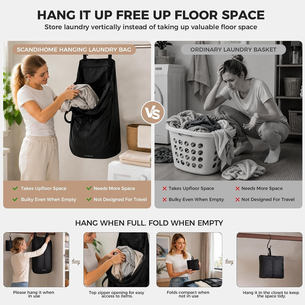 Travel Laundry Bag, 40L Foldable Dirty Clothes Bag with Two-Way Opening