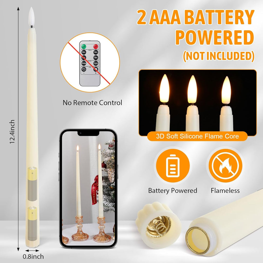 Baquler 24 Pcs 12.4 Ivory Flameless Taper Candles Bulk