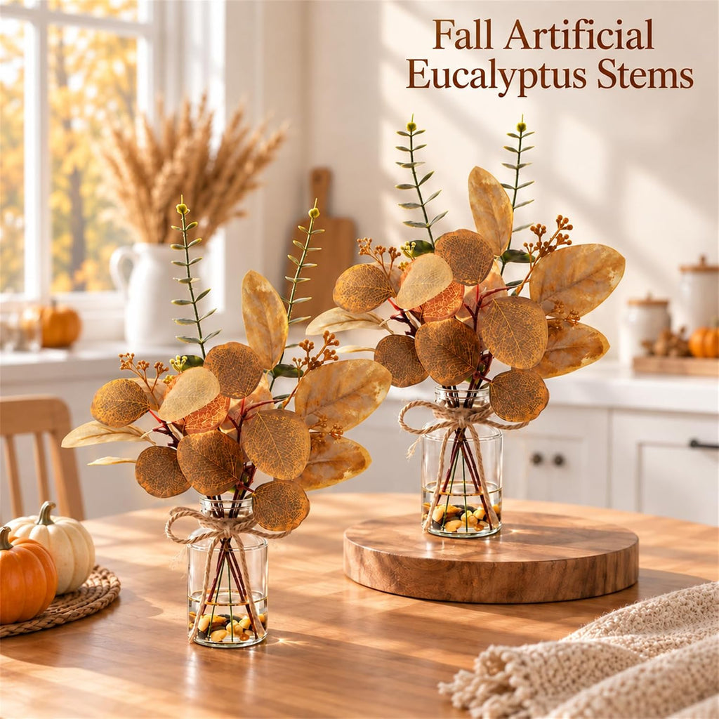 2 Packs 14" Fall Artificial Eucalyptus Stems in Glass Vase with Faux Water