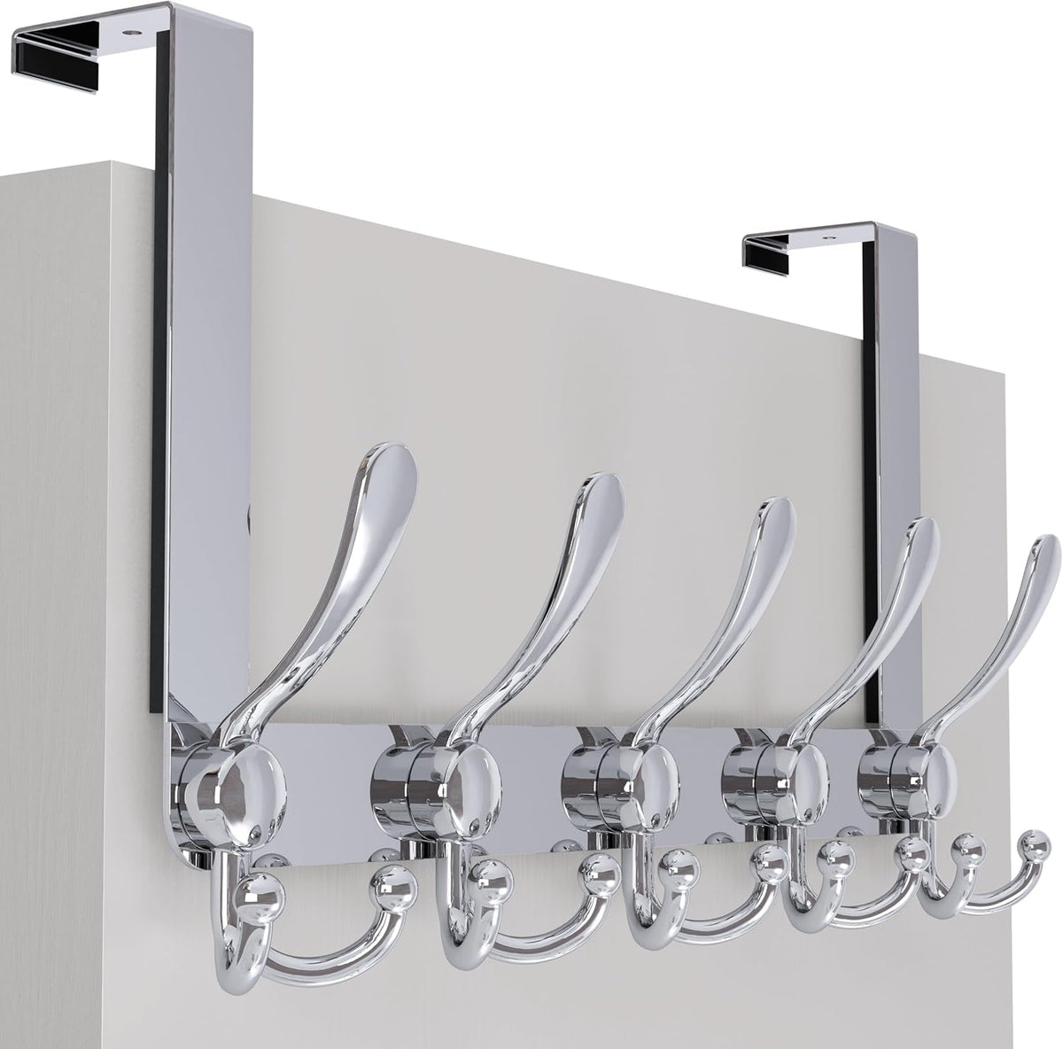 SKOLOO Over The Door Hook - for Doors up to 1-3/4'' Thickness, Metal Door Hanger with 5 Triple Hooks, Over The Door Hanger for Coats, Hats,Towels, Silver, Assembly Required