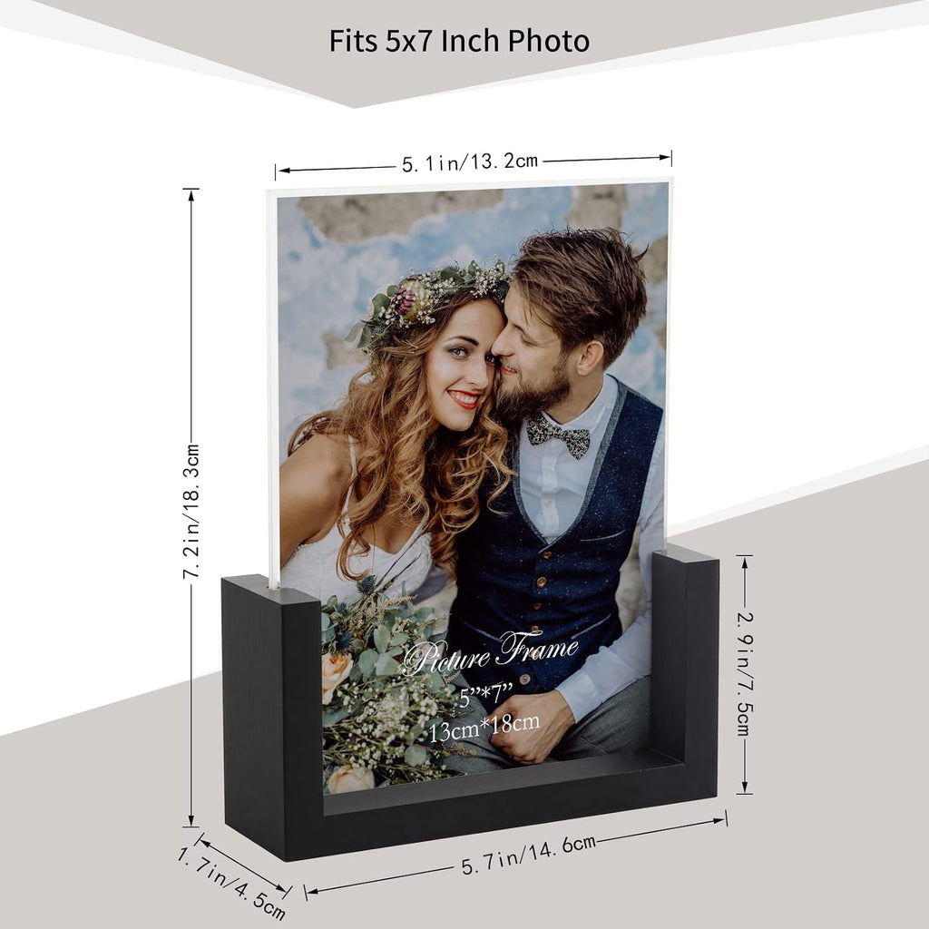 PETAFLOP 5x7 Picture Frame Set of 2, Black Rustic Wooden Photo Frames 5 by 7 Inch with HD Glass, U Shaped Double Sided Menu Holder Sign Card Stand for Tabletop Display